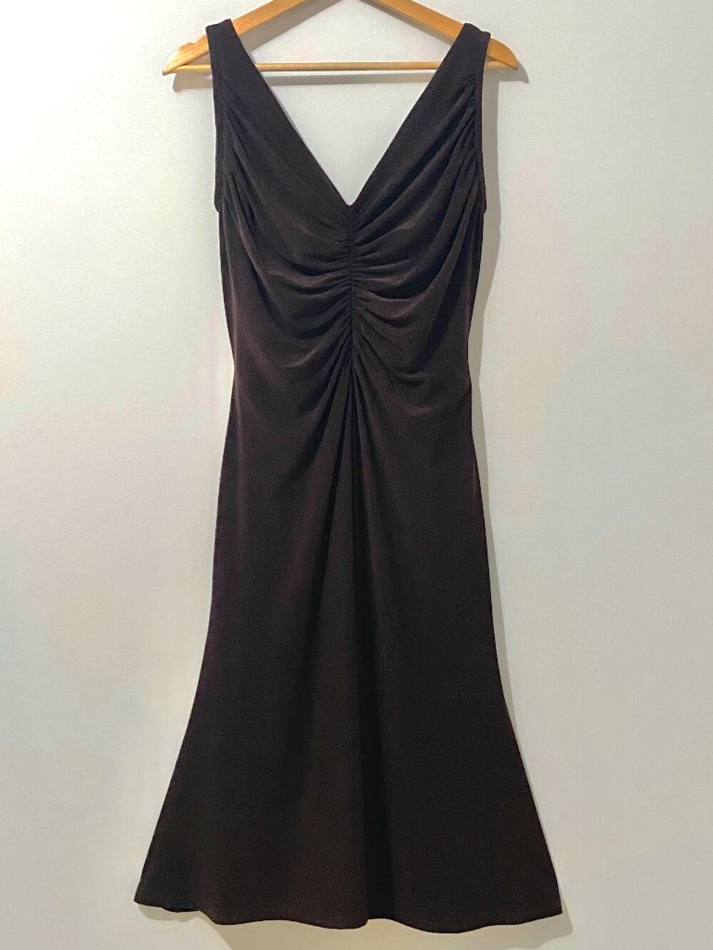 Vintage Y2K Joseph Ribkoff Chocolate Brown Midi Dress Ruched Stretch Event Party